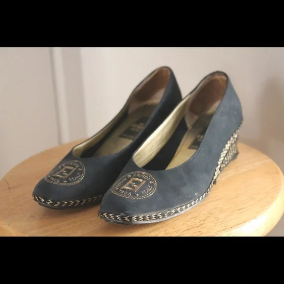 🪙 Vintage '90s Fendi FF Logo Wedge Espadrilles Heels - Picture 4 of 9